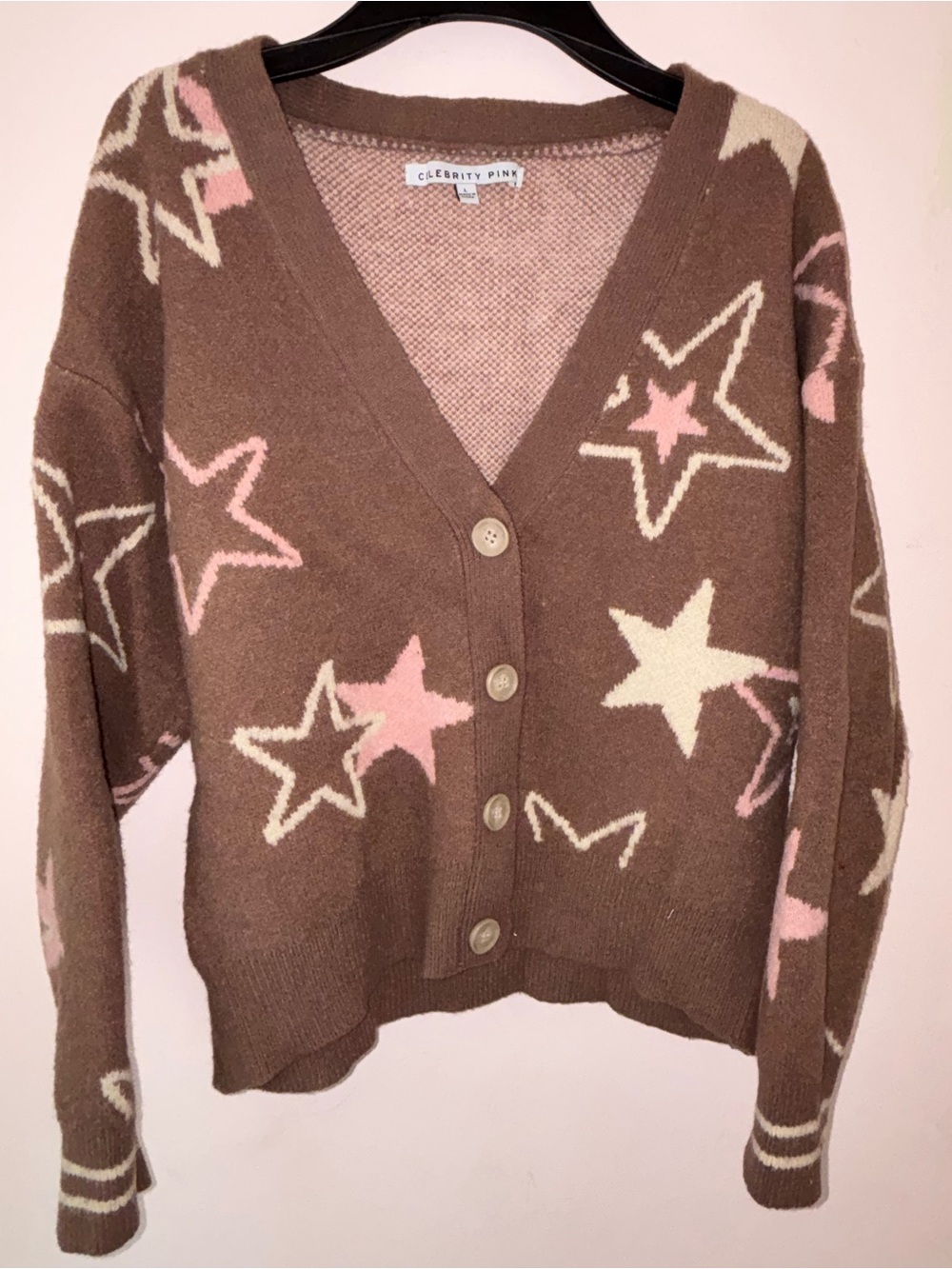 Celebrity Pink Brown Star-Print V-Neck Button Cardigan with Pink & Cream Stars